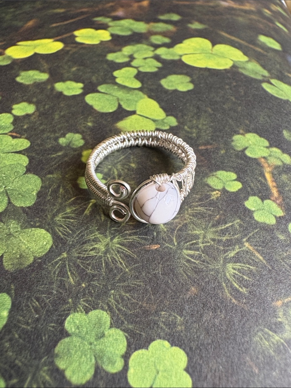 NWOT Handmade Silver Wire-Wrapped Ring with White Stone Bead